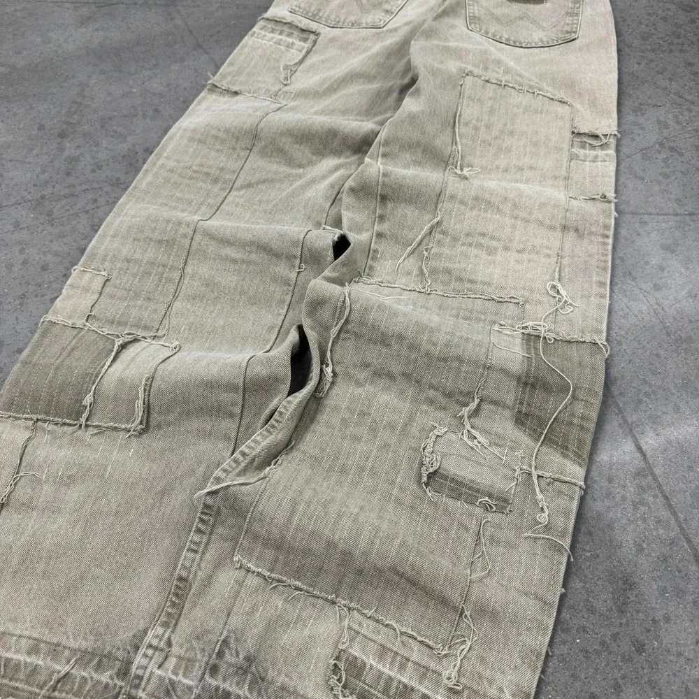 1 OF 1 Fedi Cartel VINTAGE 90s Wranger PATCHWORK BAGGY Tan Denim Jeans - 28/33